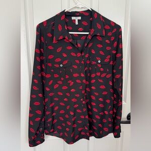 Joie Black and Red Lip Print Blouse